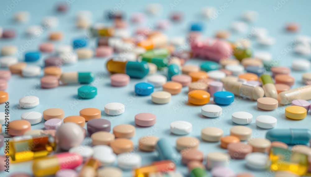 Colorful pills, tablets scattered on light blue surface. Diverse pharmaceutical options for various treatments, supplements. Mix of medicine types. Different sizes, colors of pills, capsules. Modern