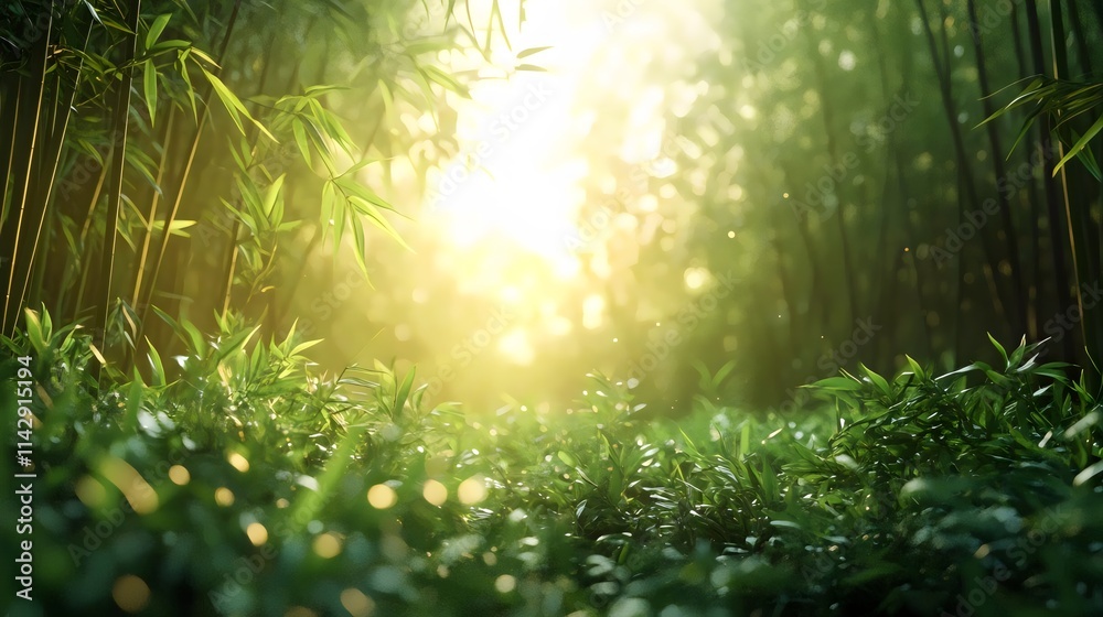 A lush green forest with sunlight shining through the trees A lush green forest with sunlight shining through the trees