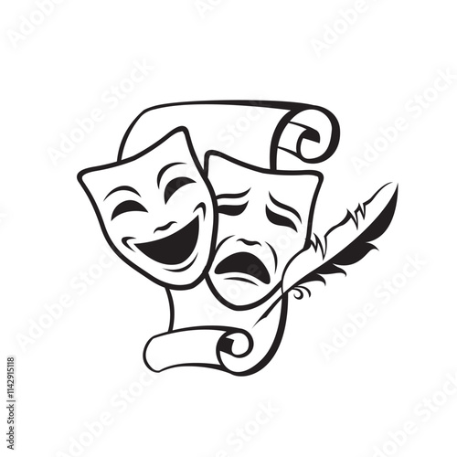 icon of comedy and tragedy theatrical masks with paper isolated on white background