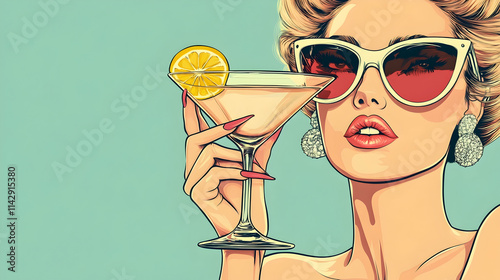 A fashionista wearing sunglasses and a retro hairstyle holds an elegant martini glass, featuring a lemon garnish  -