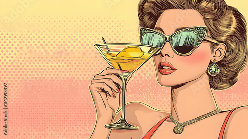 A fashionista wearing sunglasses and a retro hairstyle holds an elegant martini glass, featuring a lemon garnish  -