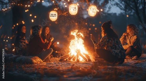 Friends gather around a bonfire on a snowy night, celebrating New Year's Eve with lanterns.