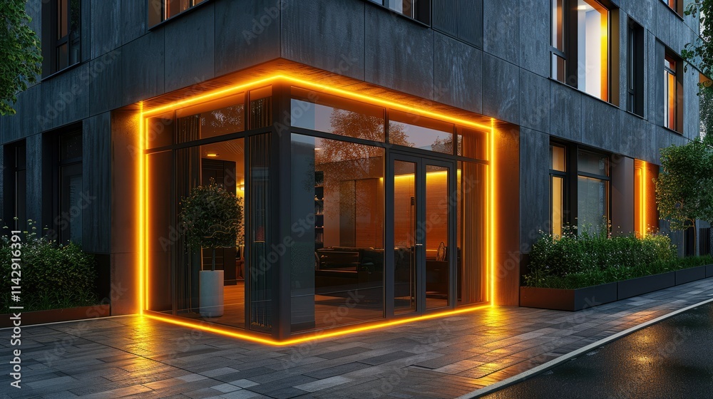 Modern building entrance illuminated with orange lights, showcasing sleek architecture. Modern building entrance illuminated with orange lights, showcasing sleek architecture.