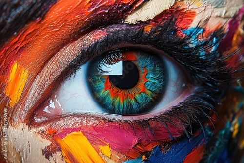 Close-up of a vibrant, multicolored eye featuring stunning irises surrounded by artistic paint splashes creating an expressive and captivating visual effect.
