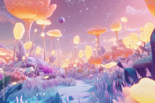 Enchanted Alien Landscape with Glowing Flora Under a Starry Sky and Celestial Bodies, Evoking a Dreamlike and Surreal Atmosphere in Vibrant Pastels