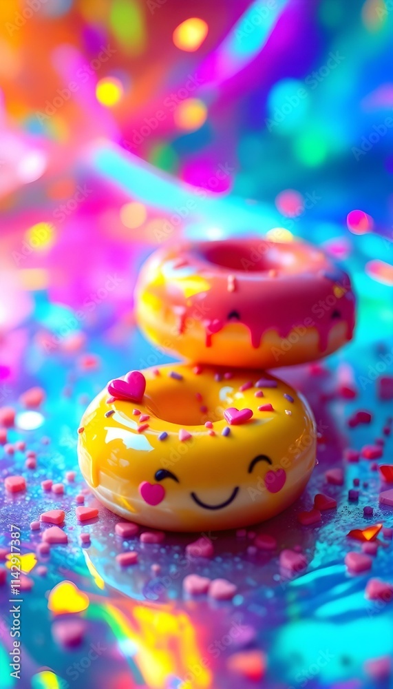 Stacked Yellow Donut with Pink Glaze on Shiny Surface Stacked Yellow Donut with Pink Glaze on Shiny Surface