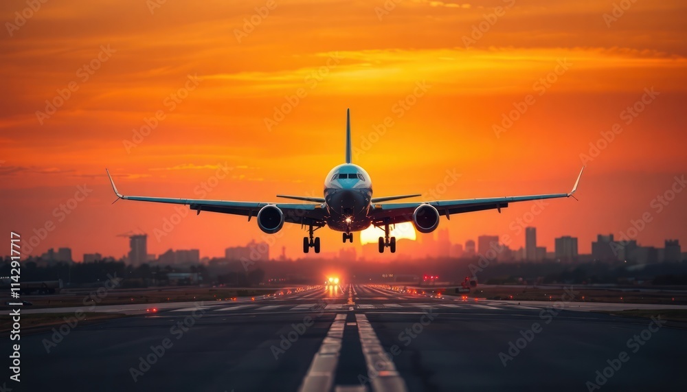 Commercial plane lands on runway at sunset. Golden hour sky. City skyline in background. Travel and transportation theme. Adventure and freedom concept. Commercial plane lands on runway at sunset. Golden hour sky. City skyline in background. Travel and transportation theme. Adventure and freedom concept.