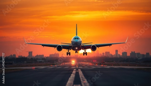 Commercial plane lands on runway at sunset. Golden hour sky. City skyline in background. Travel and transportation theme. Adventure and freedom concept. photo