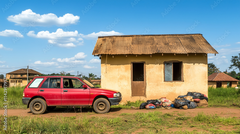 Fototapeta premium Uncompleted House with Building Materials and Red SUV in Ugandan Urban Landscape