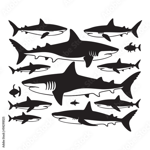 Marlin sea fish silhouette, marlin fish in different poses, sword fish, vector illustration. Sea life Fish Silhouettes