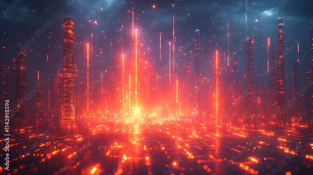 Fototapeta premium Futuristic city skyline at night with glowing red energy beams.