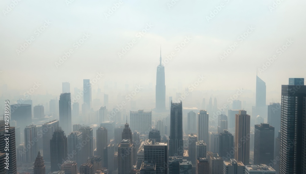 Fototapeta premium Smog-filled cityscape on hazy day. High-rise buildings, skyscrapers visible in dense urban environment. Hazy atmosphere obscures details, gives hazy effect to buildings. Cityscapes affected by