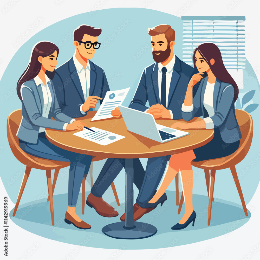 Partners meeting for business discussion with documents and laptop on desk. Couple at round table, speaking, discussing work, partnership. Flat vector on a white background