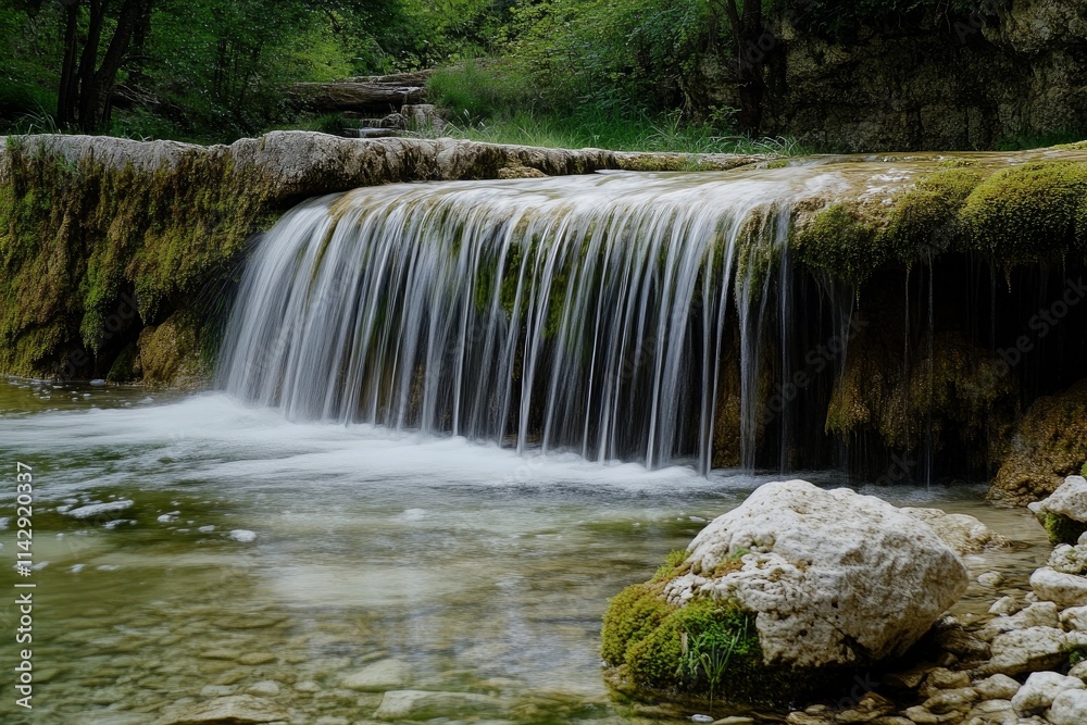 Obraz premium Rocky waterfall in the middle of a forest, clear water cascading over moss-covered stones, natural beauty, focus on ecological balance, photo-realistic landscape shot