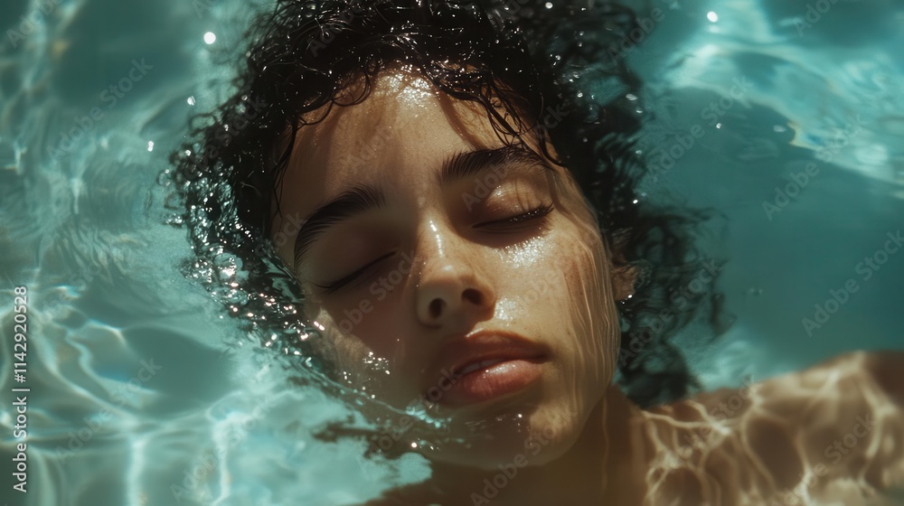 serene image of a young woman emerging from a pool, her face capturing tranquility and grace, surrounded by shimmering water under gentle sunlight serene image of a young woman emerging from a pool, her face capturing tranquility and grace, surrounded by shimmering water under gentle sunlight