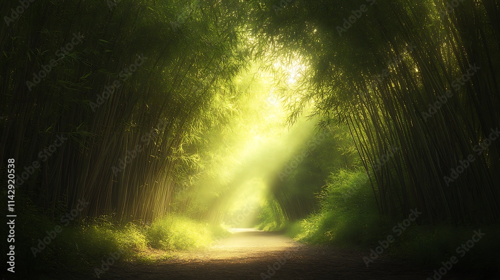 Obraz premium Sunlit path through a mystical bamboo forest.