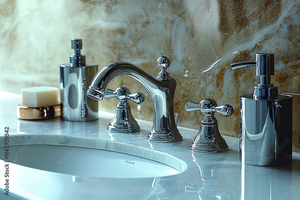 Elegant chrome bathroom faucet and accessories on marble countertop Elegant chrome bathroom faucet and accessories on marble countertop
