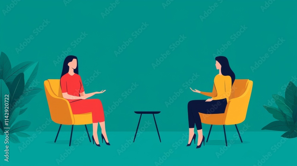 Two women engage in a conversation while seated in stylish chairs against a vibrant teal background. Two women engage in a conversation while seated in stylish chairs against a vibrant teal background.
