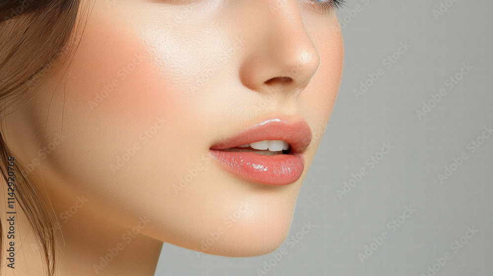 Obraz premium Close up of woman smooth lips and glowing skin