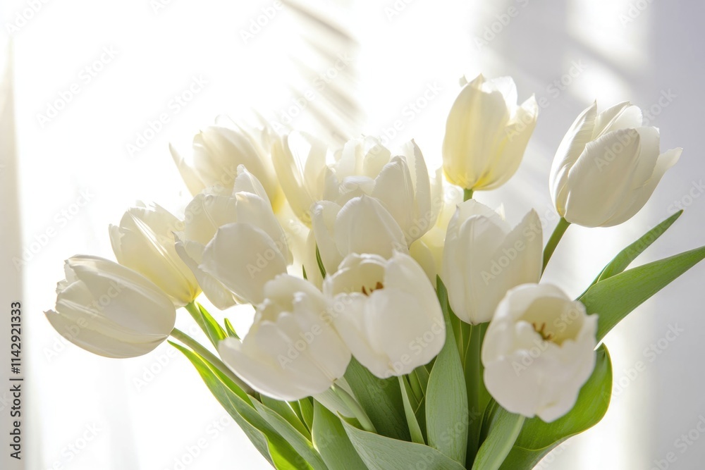 Fototapeta premium Fresh white tulips arranged in a decorative vase, ideal for still life photography or floral design inspiration