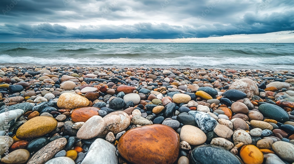 serene stormy seaside scene featuring a mosaic of colorful pebbles scattered across the shore, juxtaposing the calm beauty of nature with the dramatic elements of a storm serene stormy seaside scene featuring a mosaic of colorful pebbles scattered across the shore, juxtaposing the calm beauty of nature with the dramatic elements of a storm