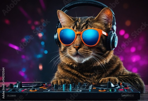 Cat dressed as DJ spins tunes at a vibrant party setting