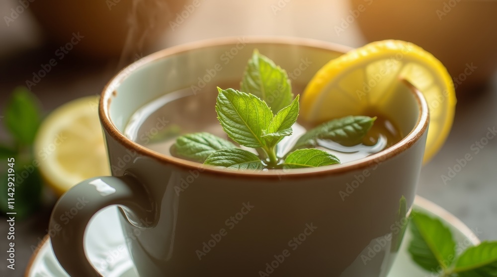A close-up of a steaming mug of herbal tea with fresh mint leaves and a slice of lemon A close-up of a steaming mug of herbal tea with fresh mint leaves and a slice of lemon