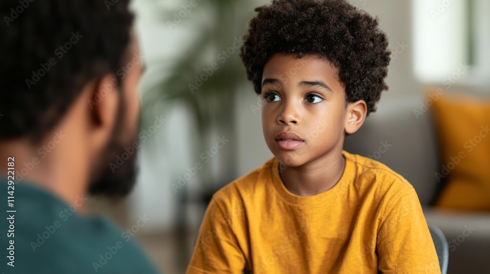 A father and son share a meaningful moment, with the child attentively listening and showing curiosity during their conversation. A father and son share a meaningful moment, with the child attentively listening and showing curiosity during their conversation.