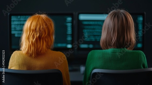 Two women with colorful hair work on computers, focused on coding, in a dark environment illuminated by their screens.