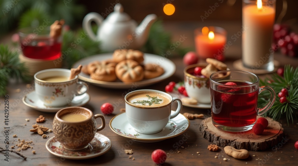 beautifully arranged table with an assortment of warm beverages, including tea, coffee, and mulled wine beautifully arranged table with an assortment of warm beverages, including tea, coffee, and mulled wine
