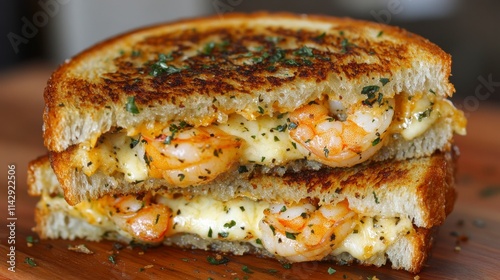 Delicious Grilled Cheese Sandwich with Shrimp and Herbs on Rustic Wooden Board, Perfect for Gourmet Food Lovers and Culinary Enthusiasts