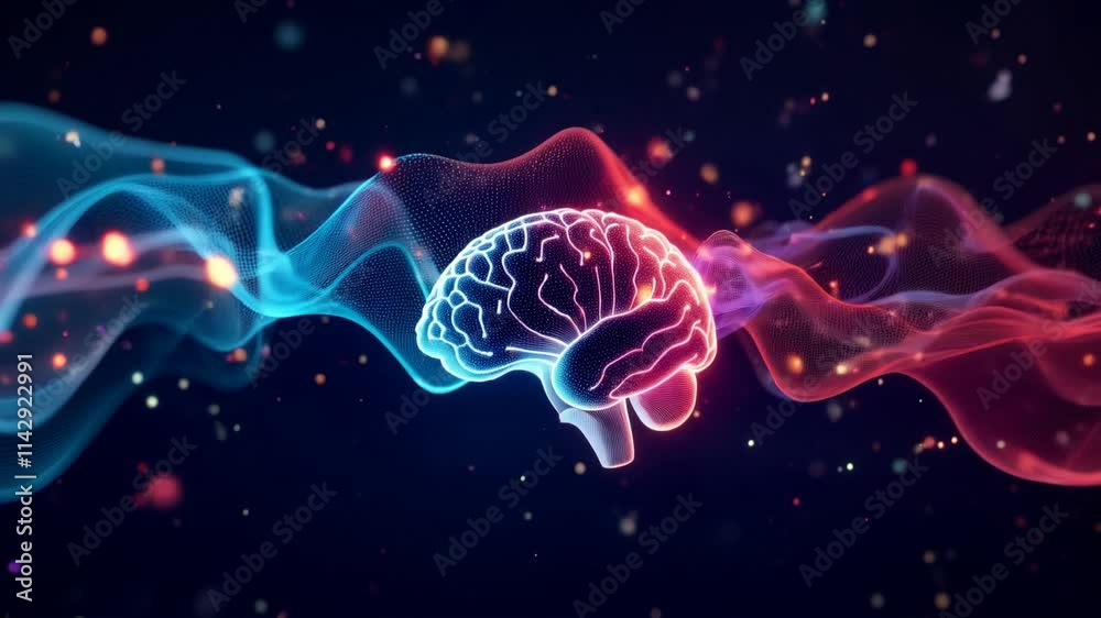 Vibrant neural waves: dynamic brain with neon light patterns