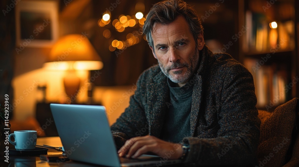 Middle-aged man working on laptop in cozy living room with warm lighting Middle-aged man working on laptop in cozy living room with warm lighting