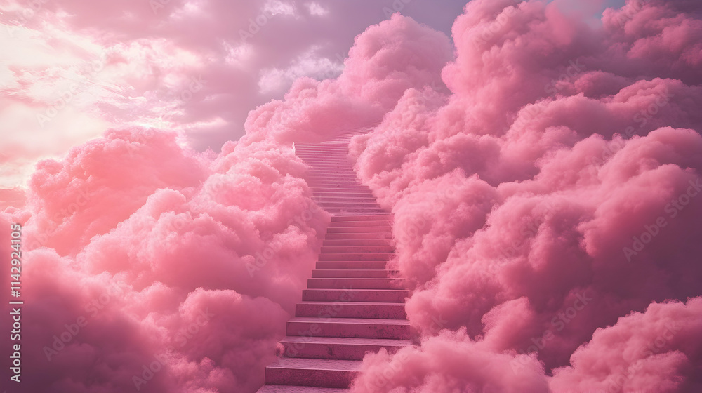 A surreal stairway ascending through pink fluffy clouds in a dreamy scene - A surreal stairway ascending through pink fluffy clouds in a dreamy scene -
