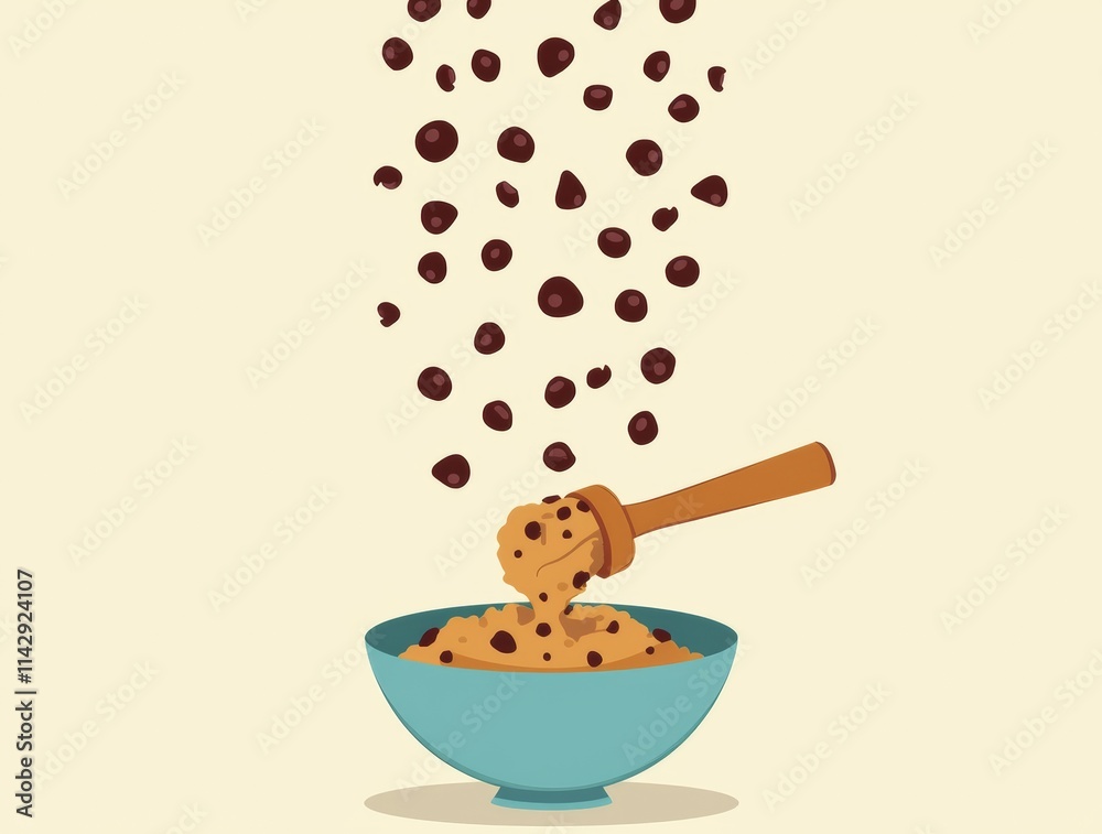 illustration of a whimsical scene featuring chocolate chips raining down onto a mixing bowl filled with cookie dough illustration of a whimsical scene featuring chocolate chips raining down onto a mixing bowl filled with cookie dough