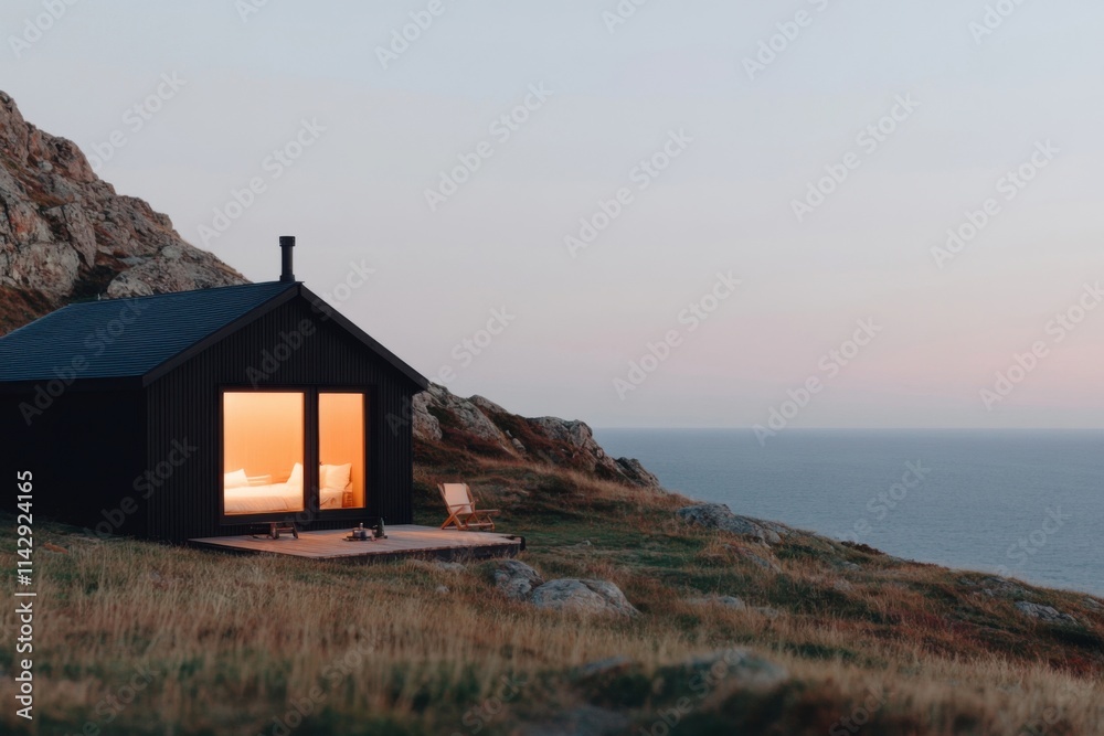 Cozy cabin overlooking tranquil ocean at dusk: embracing coastal serenity Cozy cabin overlooking tranquil ocean at dusk: embracing coastal serenity
