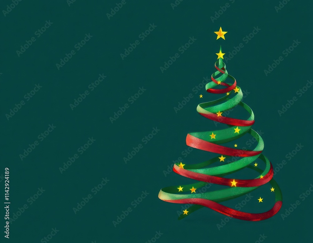Minimalist Christmas tree graphic design. Abstract Christmas tree made of red and green ribbons. Festive and modern design. Holiday season artwork with small yellow stars. Digital illustration. Minimalist Christmas tree graphic design. Abstract Christmas tree made of red and green ribbons. Festive and modern design. Holiday season artwork with small yellow stars. Digital illustration.