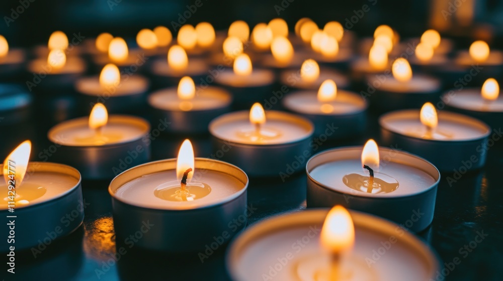 Many lit tealight candles glowing in the dark. Many lit tealight candles glowing in the dark.