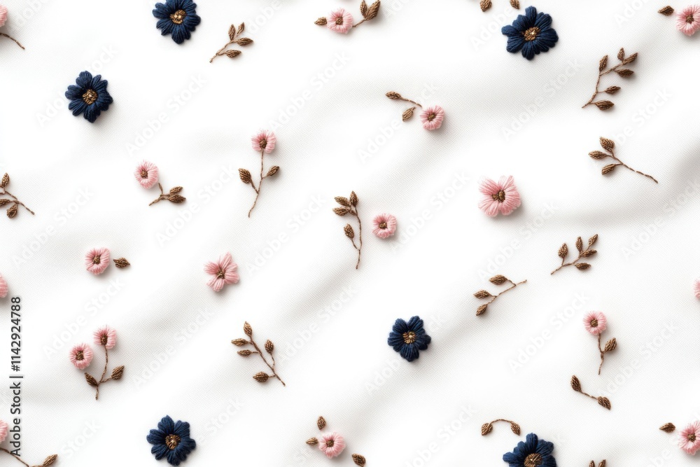 Floral embroidery forming delicate pattern on white fabric