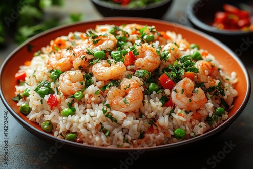 A vibrant dish of rice with shrimp and spices. A classic seafood meal with rich flavor. Perfect for restaurant menus and culinary themes