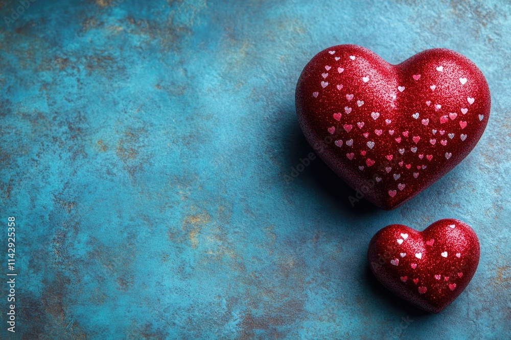 Fototapeta premium Couple of red hearts sitting on a blue background, perfect for Valentine's Day or love-themed designs
