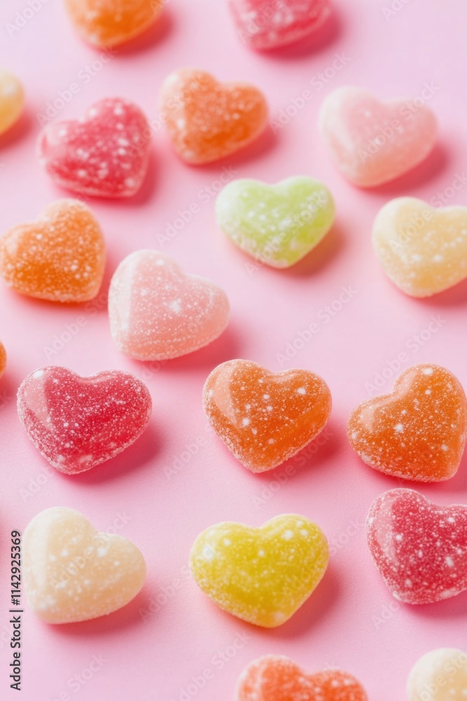 A colorful arrangement of candy hearts on a bright pink background A colorful arrangement of candy hearts on a bright pink background