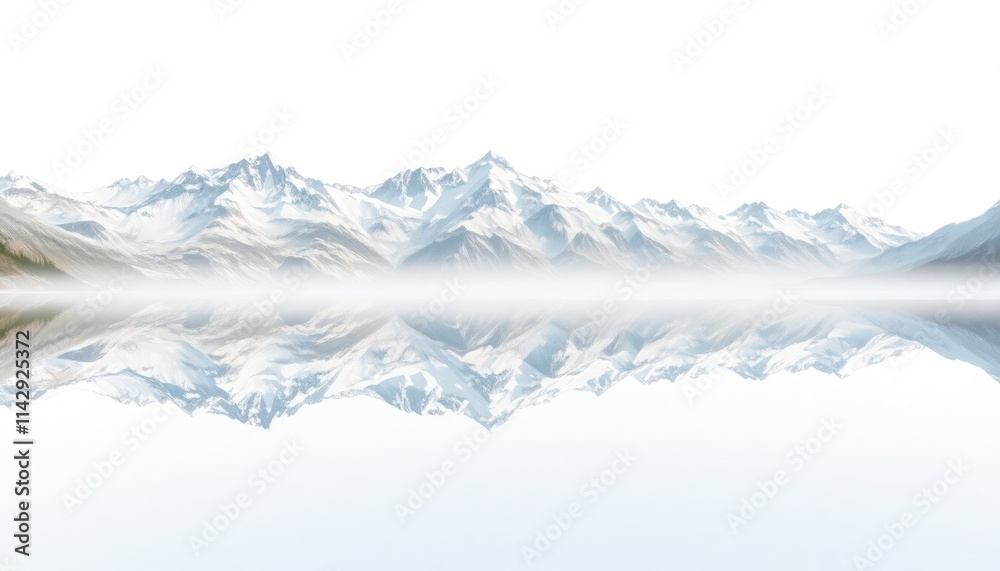 Fototapeta premium Serene mountain lake reflects snow-capped peaks. Pristine winter landscape. Calm water mirrors alpine scenery. Foggy atmosphere. Tranquil scene. Peaceful nature view. Perfect for travel brochure.