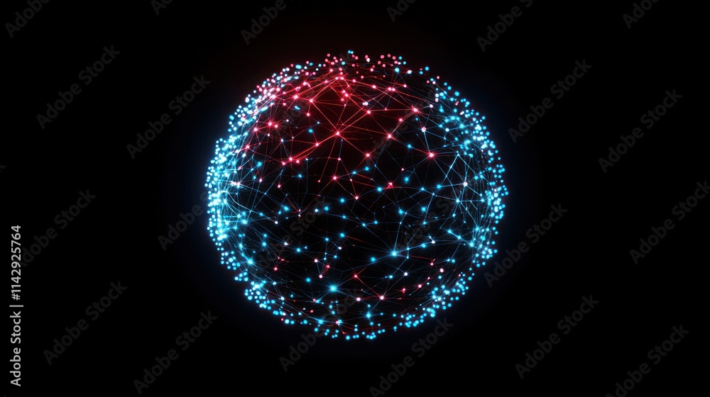 Abstract glowing sphere with interconnected nodes and lines, red and blue colors on black background. Abstract glowing sphere with interconnected nodes and lines, red and blue colors on black background.