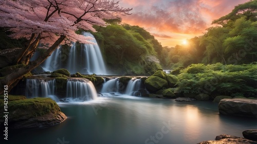 Serene waterfall surrounded by cherry blossoms at sunset