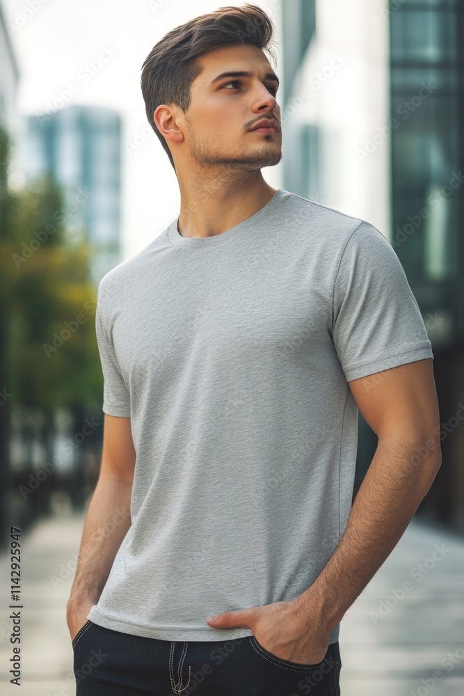 A person standing on a city sidewalk, casual attire A person standing on a city sidewalk, casual attire