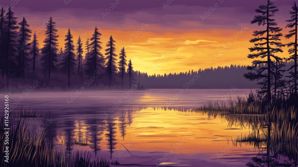 Obraz premium Tranquil Sunset Over a Serene Lake with Reflective Water Surrounded by Tall Trees and Vibrant Skies, Perfect for Nature Lovers and Environmental Themes
