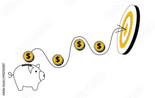 Curved line of success goes from piggy bank to goal. Vector illustration on the topic of investments on the way to achieving goals.