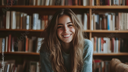 A woman with long hair is smiling and sitting in front of a bookshelf -