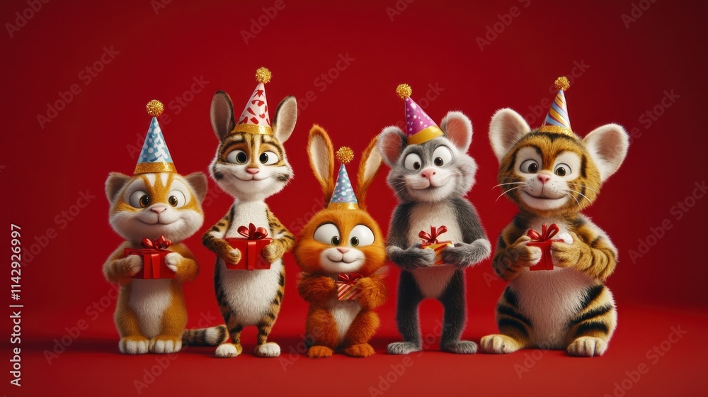 Five cute cartoon animals in party hats holding gifts against a red background. Five cute cartoon animals in party hats holding gifts against a red background.